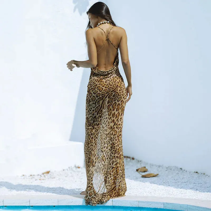 Girlary Leopard Print Beach Dress Women Sexy Spaghetti Strap Sheer Long Dresses Summer Backless Club Party Dress 2024 Bikini Cover Up