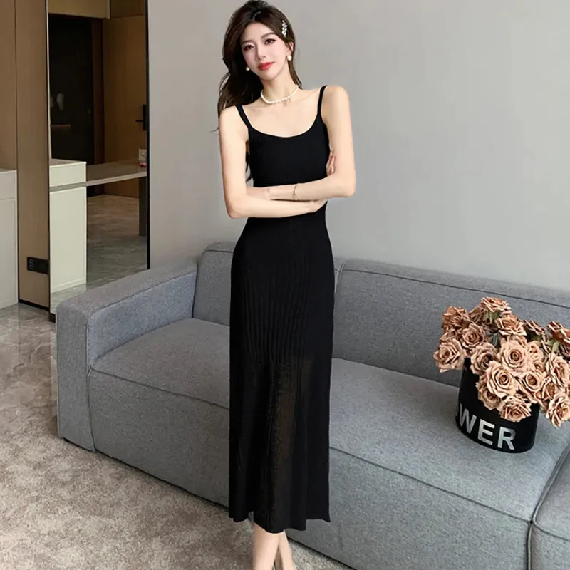 Girlary Summer Green Knitted Bodycon Sling Long Dress Women Fashion Casual Birthday Dress 2024 Korean Vintage Elegant Party Night Dress