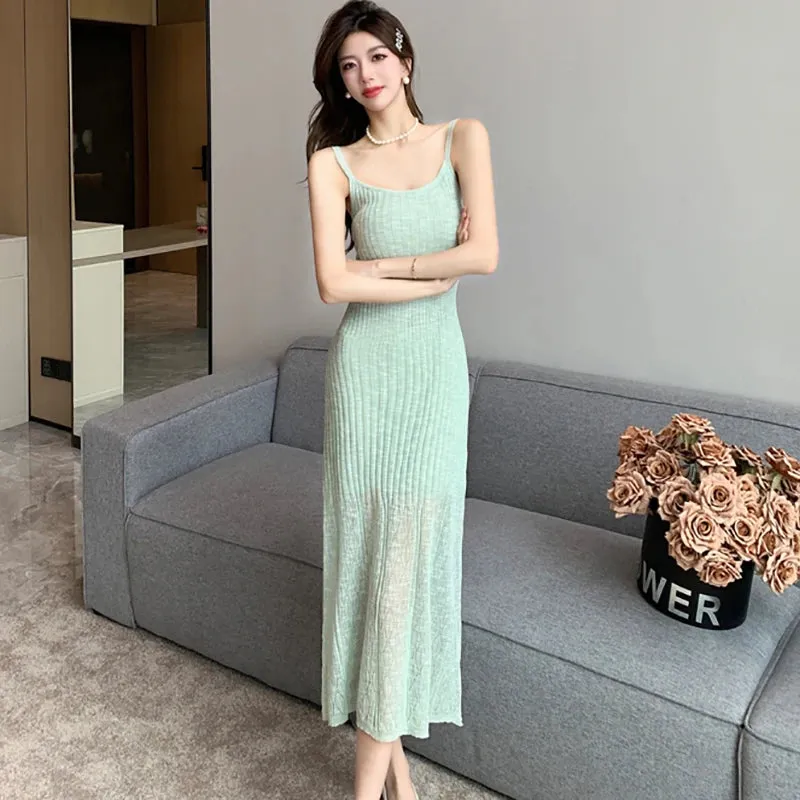 Girlary Summer Green Knitted Bodycon Sling Long Dress Women Fashion Casual Birthday Dress 2024 Korean Vintage Elegant Party Night Dress