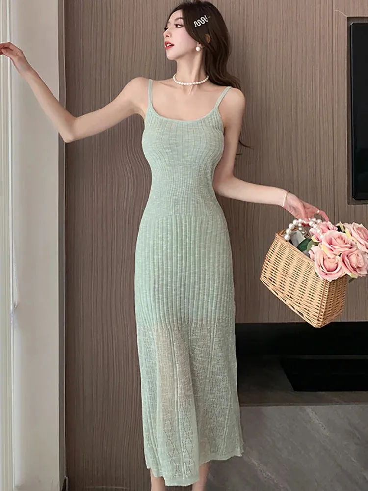 Girlary Summer Green Knitted Bodycon Sling Long Dress Women Fashion Casual Birthday Dress 2024 Korean Vintage Elegant Party Night Dress