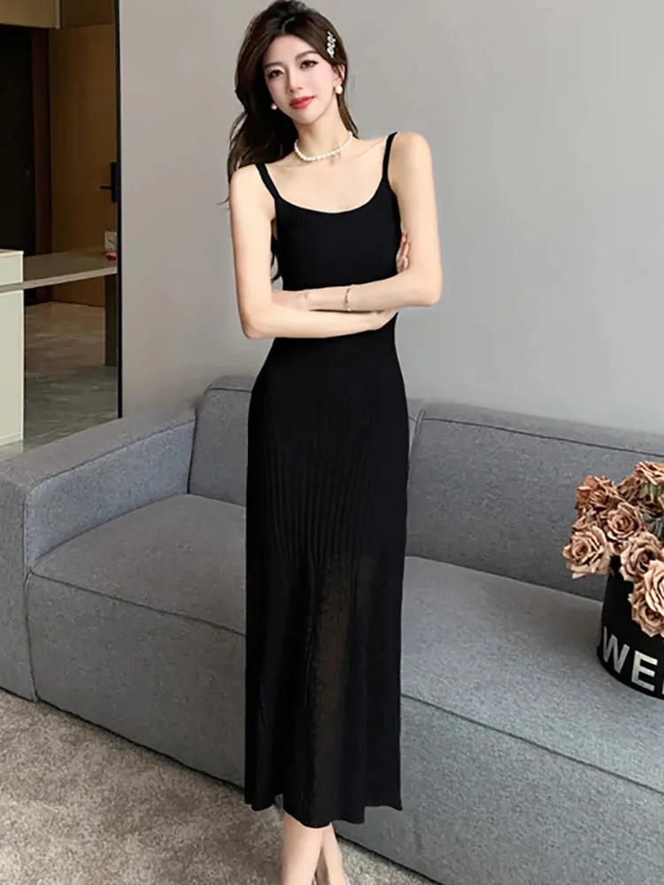 Girlary Summer Green Knitted Bodycon Sling Long Dress Women Fashion Casual Birthday Dress 2024 Korean Vintage Elegant Party Night Dress