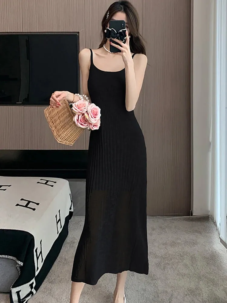 Girlary Summer Green Knitted Bodycon Sling Long Dress Women Fashion Casual Birthday Dress 2024 Korean Vintage Elegant Party Night Dress