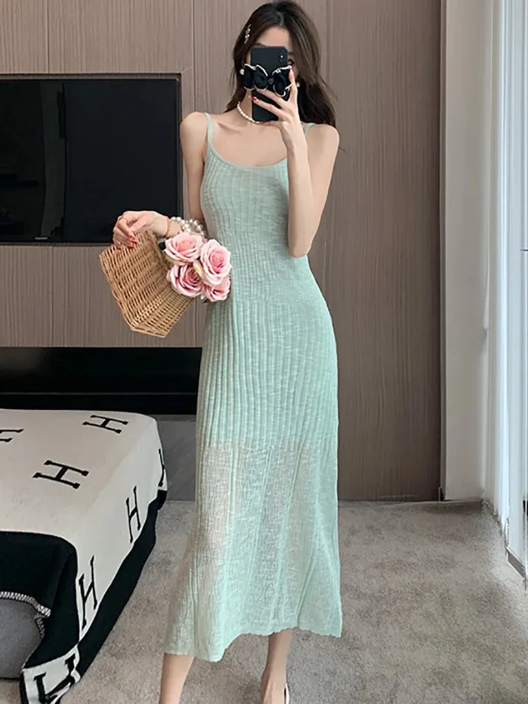 Girlary Summer Green Knitted Bodycon Sling Long Dress Women Fashion Casual Birthday Dress 2024 Korean Vintage Elegant Party Night Dress