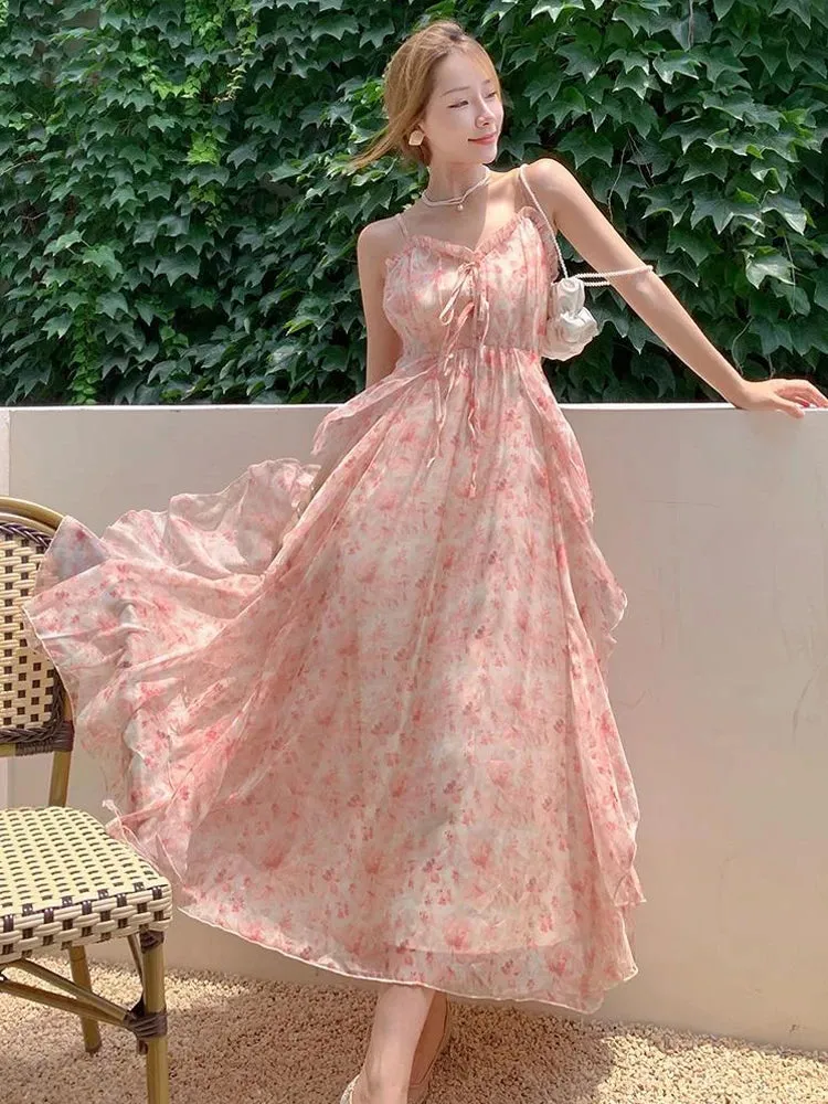 Girlary Summer Pink Floral Ruffle Dress Women French Seaside Holiday Sleeveless Strapless Woman Long Dresses New