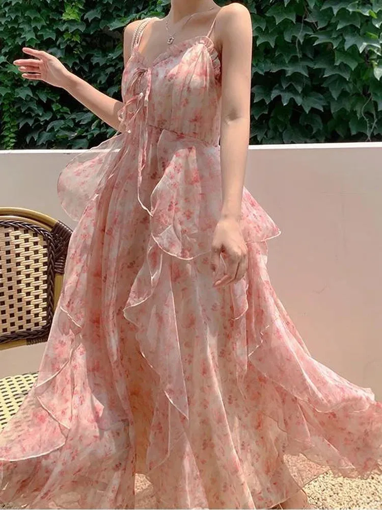 Girlary Summer Pink Floral Ruffle Dress Women French Seaside Holiday Sleeveless Strapless Woman Long Dresses New