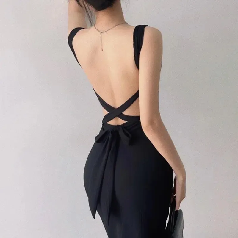 Girlary Y2k Dress Hollow Back Hot Girl Suspender Hip Covering Skirt Harajuku Dress Fashion Sexy Dress Bottoming Long Dresses for Women