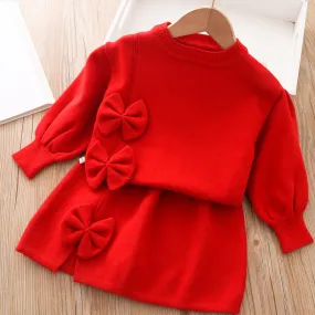 Girls knitted skirt suit autumn and winter new bow thickened warm sweater two-piece set