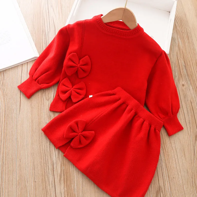 Girls knitted skirt suit autumn and winter new bow thickened warm sweater two-piece set