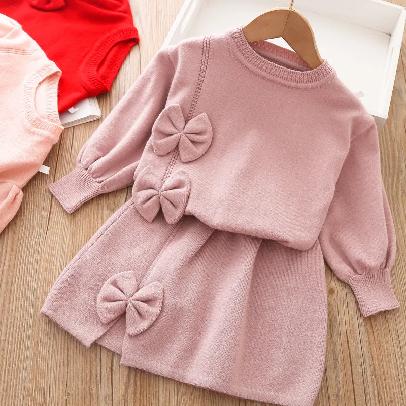 Girls knitted skirt suit autumn and winter new bow thickened warm sweater two-piece set