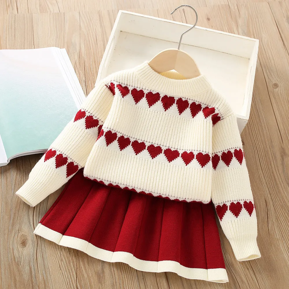 Girls knitted skirt suit autumn and winter new sweet heart-shaped sweater two-piece set