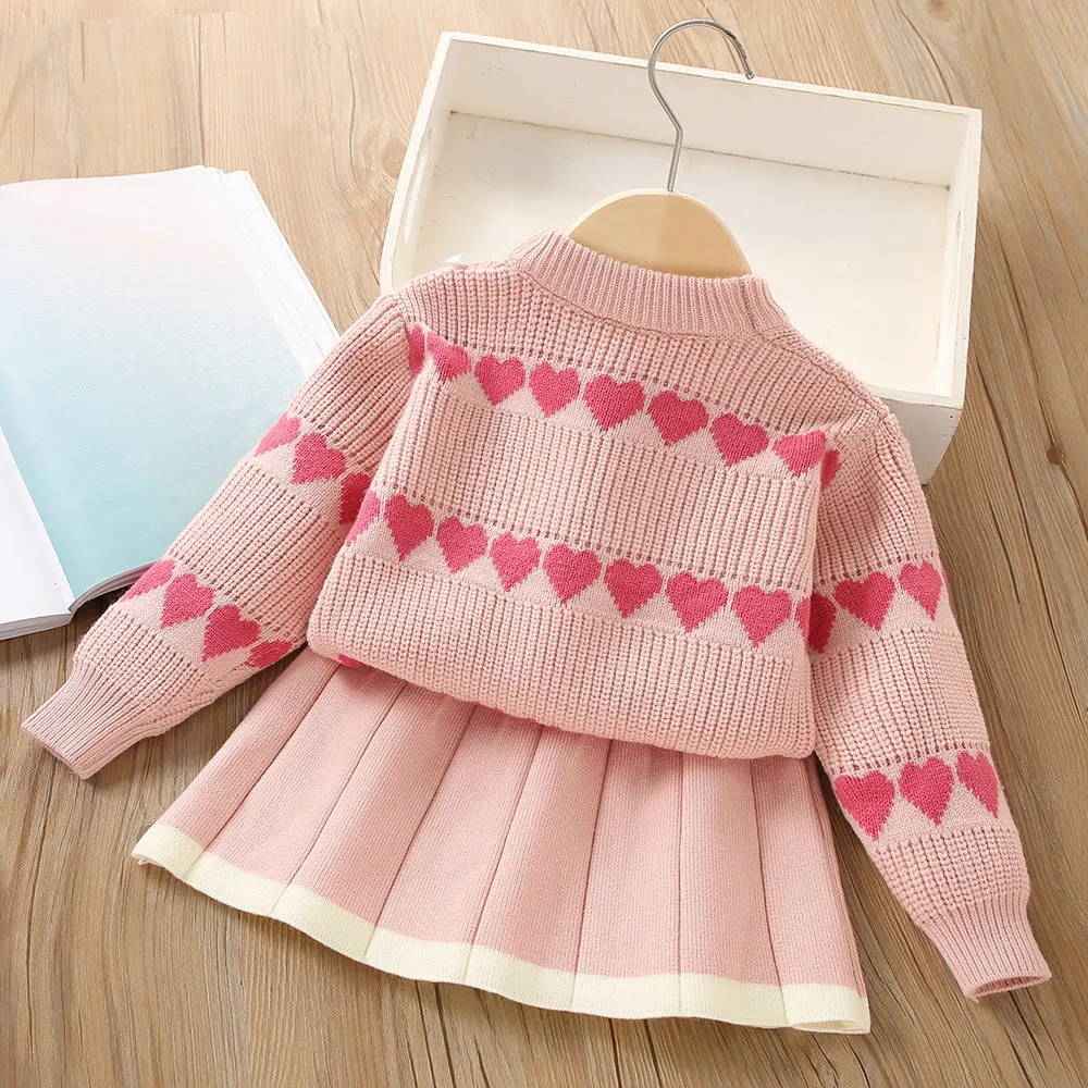 Girls knitted skirt suit autumn and winter new sweet heart-shaped sweater two-piece set