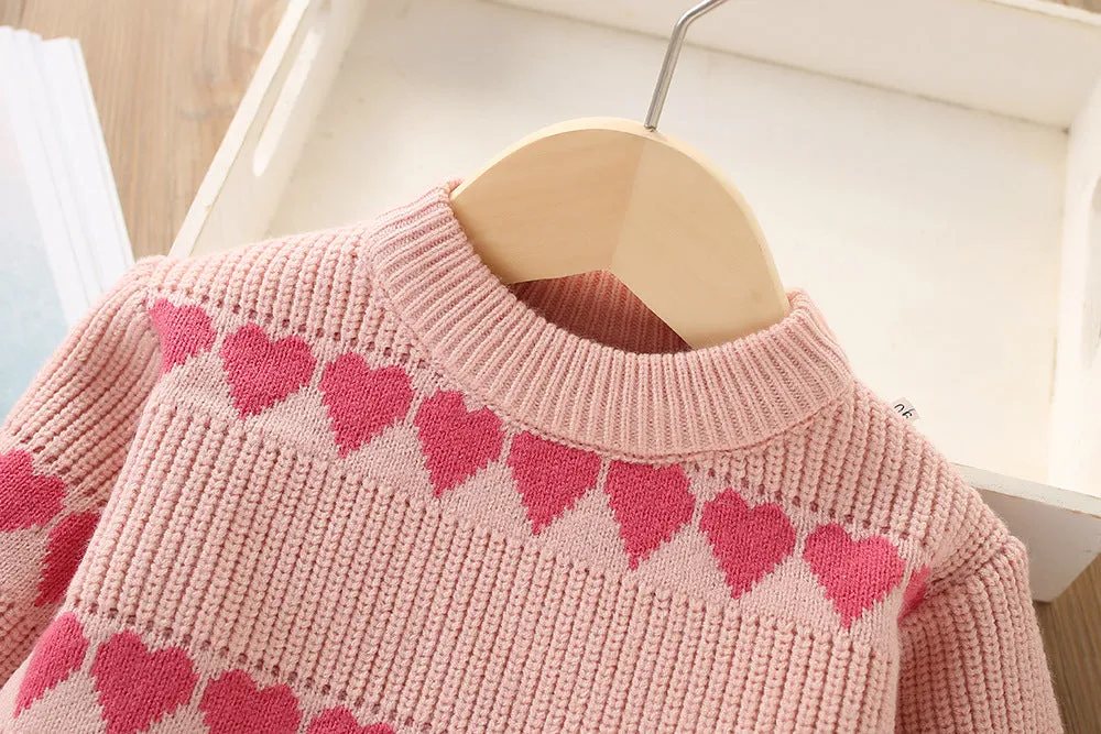 Girls knitted skirt suit autumn and winter new sweet heart-shaped sweater two-piece set