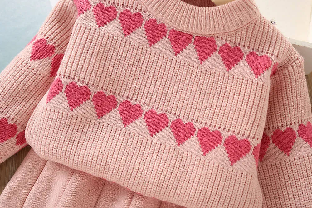 Girls knitted skirt suit autumn and winter new sweet heart-shaped sweater two-piece set