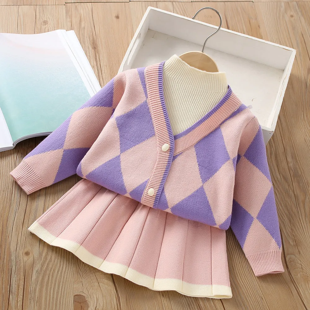 Girls knitted skirt suit autumn and winter new V-neck fake two-piece long-sleeved sweater two-piece set