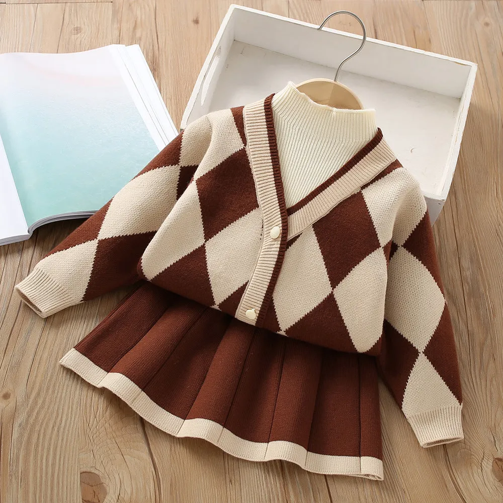 Girls knitted skirt suit autumn and winter new V-neck fake two-piece long-sleeved sweater two-piece set