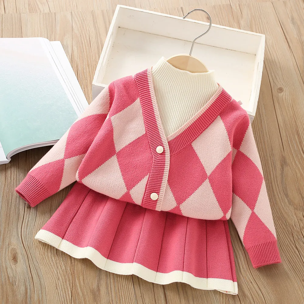 Girls knitted skirt suit autumn and winter new V-neck fake two-piece long-sleeved sweater two-piece set