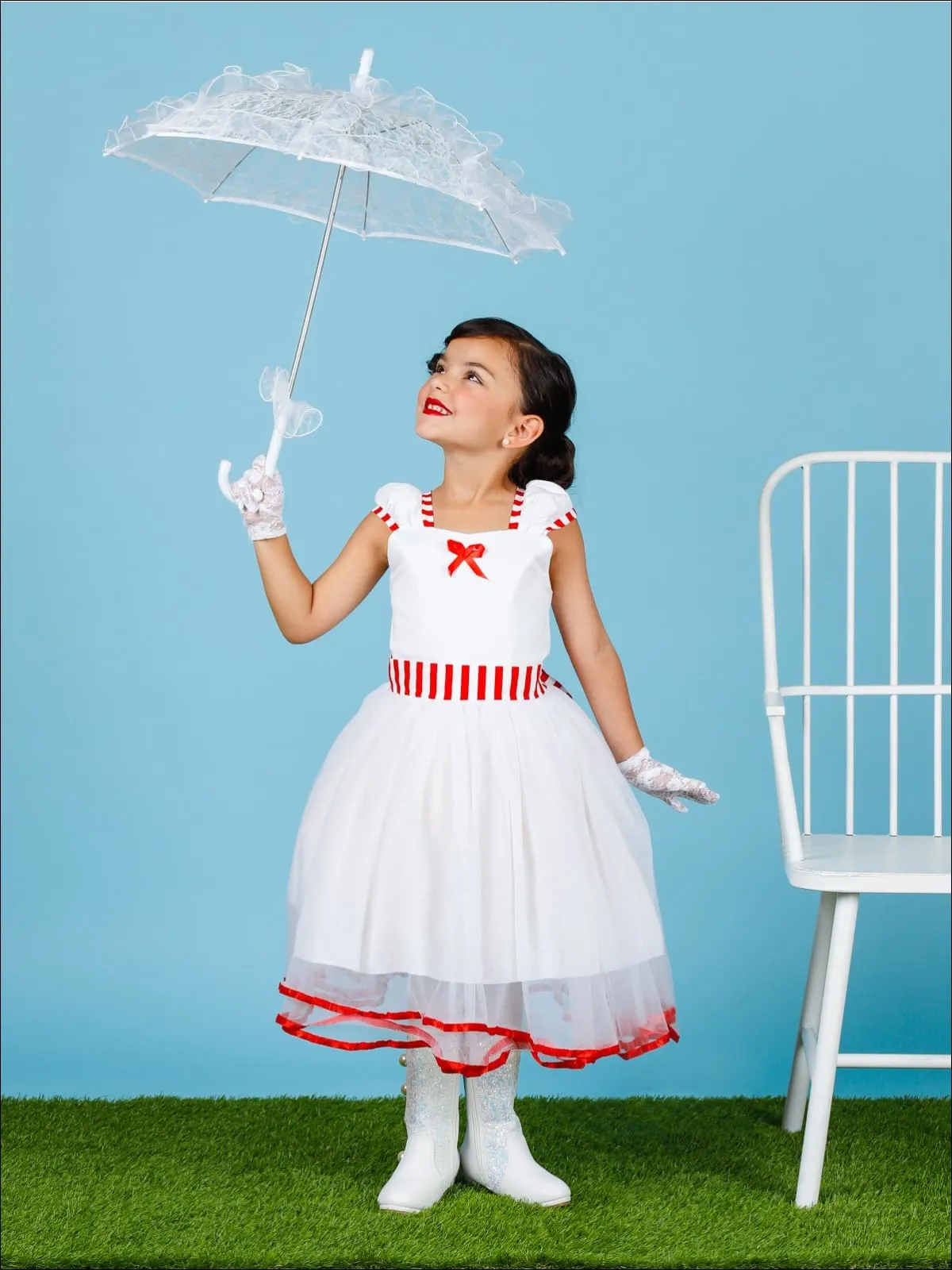 Girls Mary Poppins Inspired Striped Halloween Costume with Lace Gloves