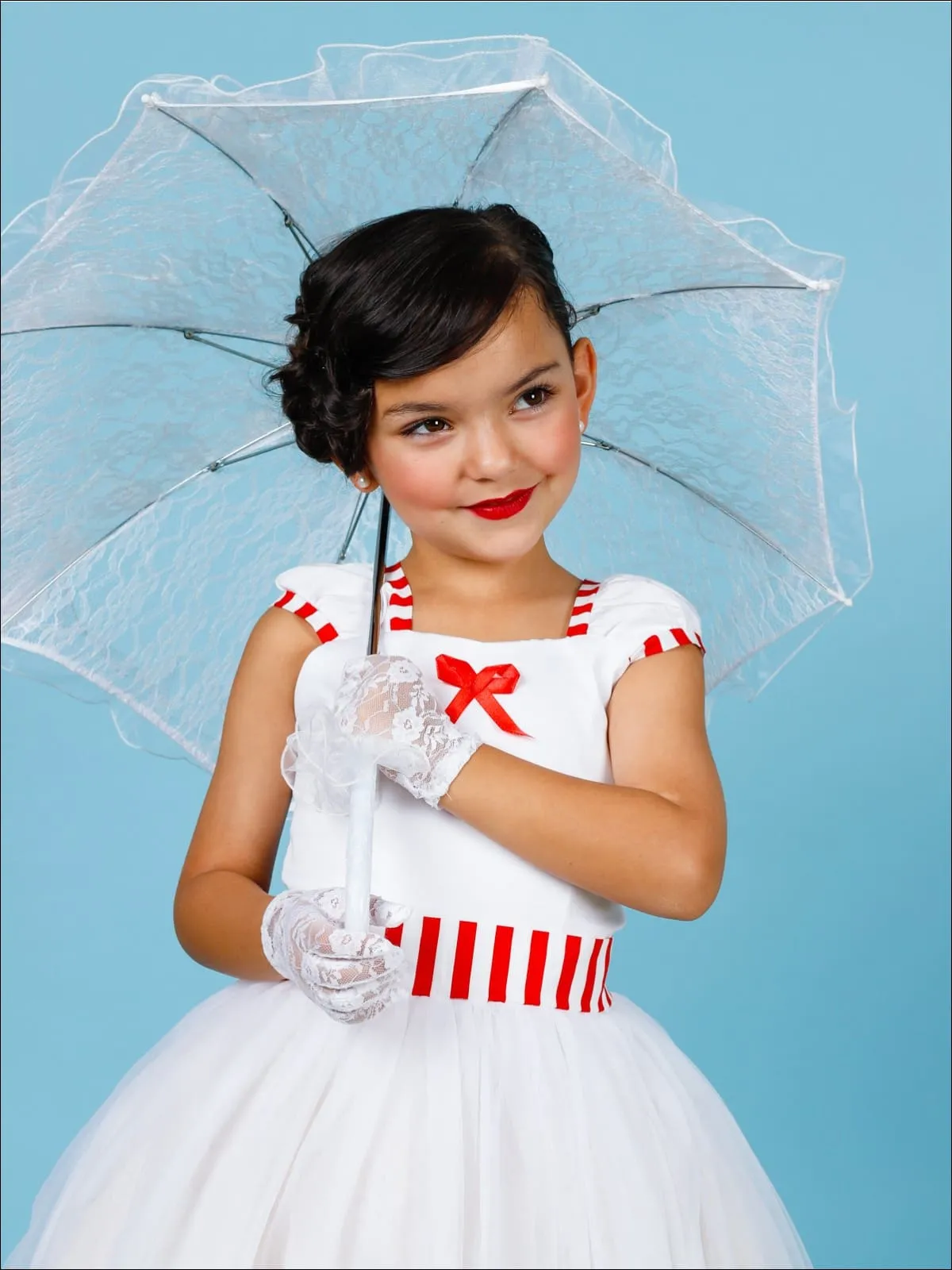 Girls Mary Poppins Inspired Striped Halloween Costume with Lace Gloves