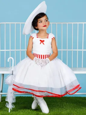 Girls Mary Poppins Inspired Striped Halloween Costume with Lace Gloves