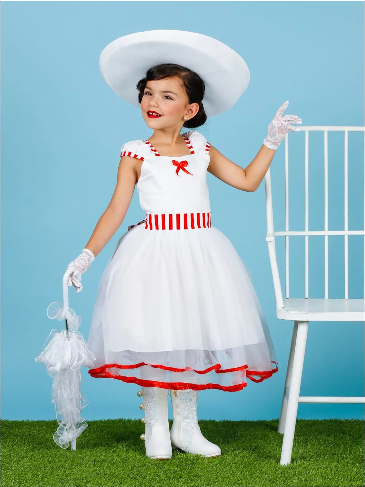 Girls Mary Poppins Inspired Striped Halloween Costume with Lace Gloves