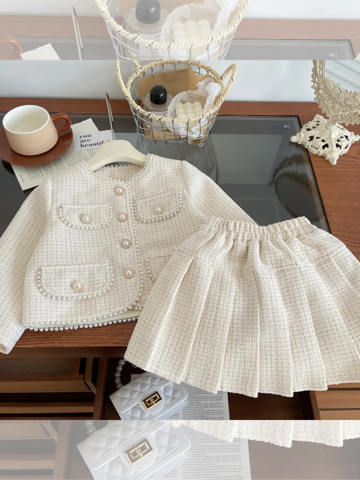 Girls Pearls and Tweed Blazer and Pleated Skirt Set