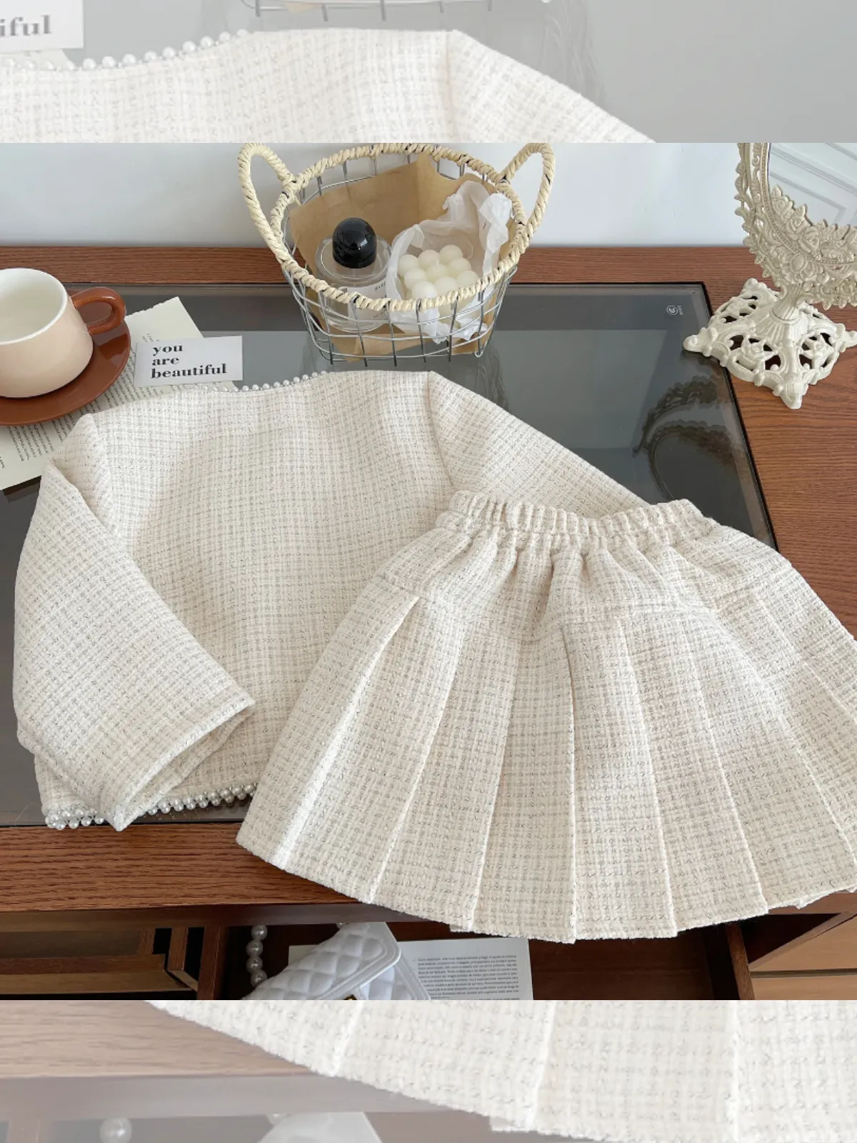 Girls Pearls and Tweed Blazer and Pleated Skirt Set