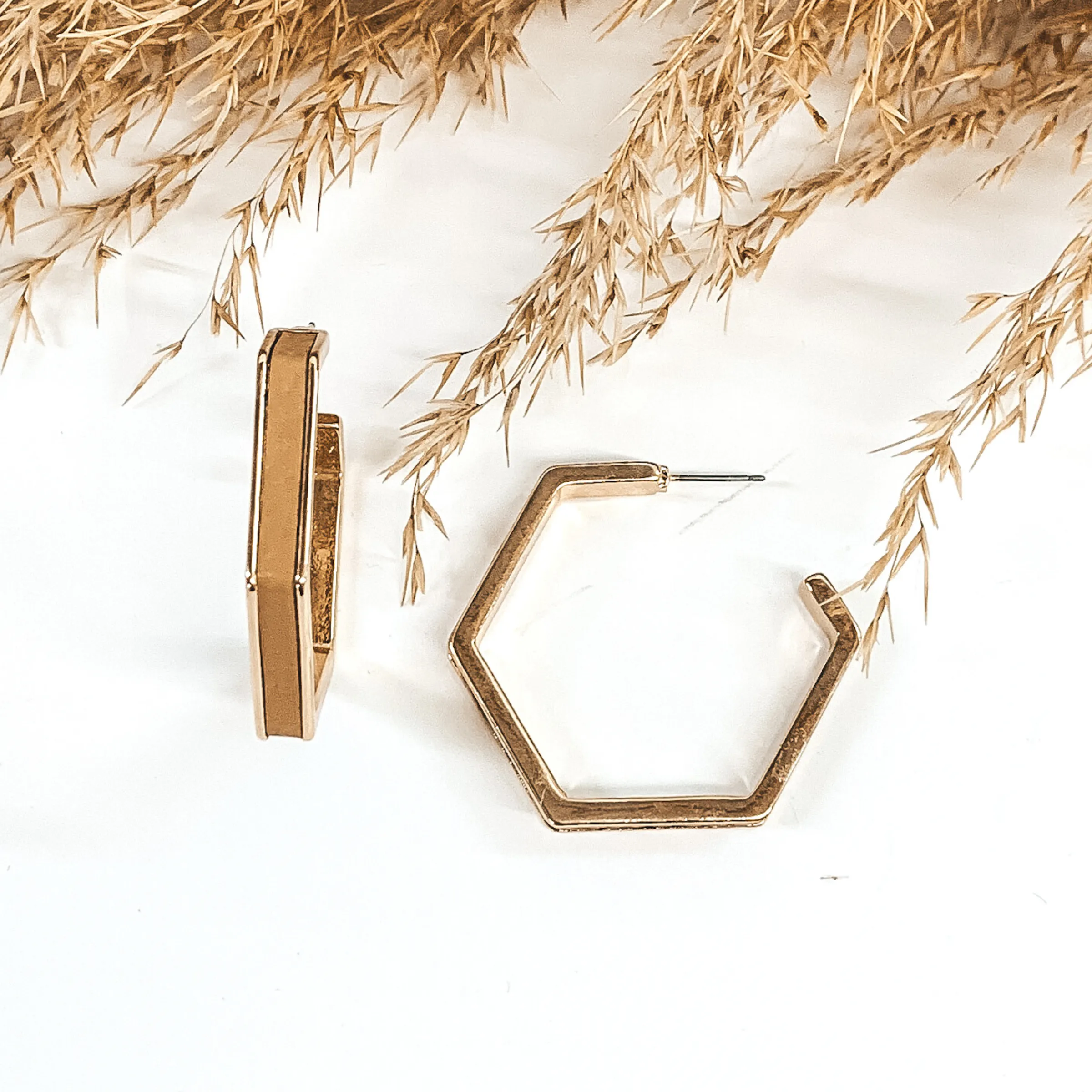 Gold Hexagon Hoops with Leather Inlay in Tan