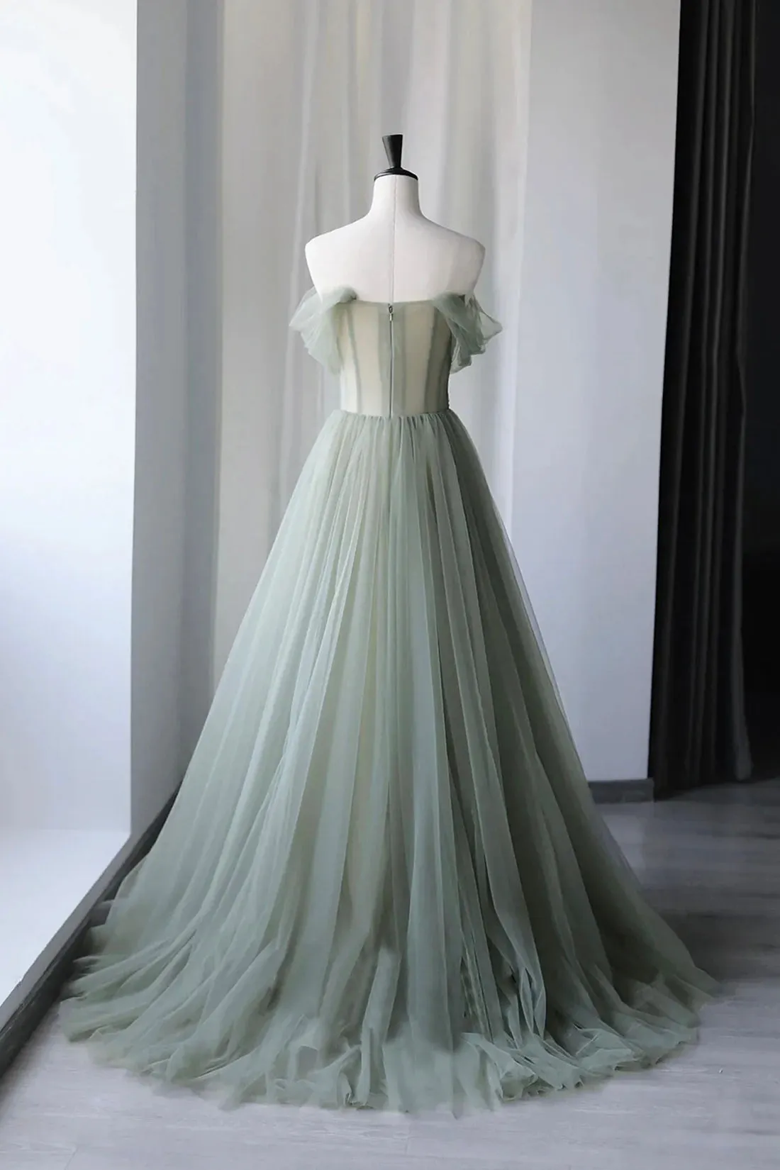 Gray Green Tulle Long Prom Dress, Off Shoulder A-Line Evening Party Dress