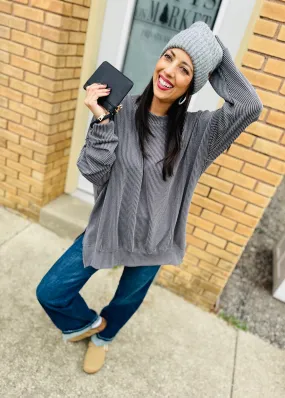 Grey Oversized Ribbed Knit with Side Slits