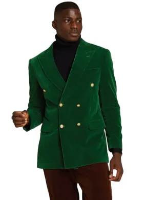 Inserch Green Double Breasted Peak Lapel Velvet Blazer with Gold Buttons