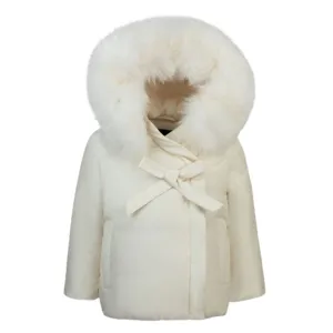 Ivory Bow Fur Trim Hood Coat