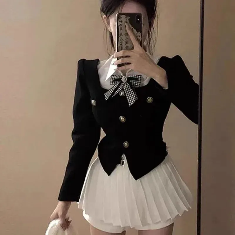 Korean Temperament Fake Two-piece Polo Neck Coat Pleated Skirt Two-piece Set Women Fashion Bow College Sweet Patchwork Slim Suit