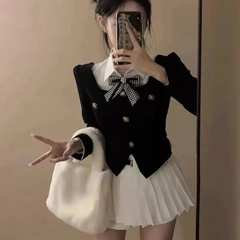 Korean Temperament Fake Two-piece Polo Neck Coat Pleated Skirt Two-piece Set Women Fashion Bow College Sweet Patchwork Slim Suit