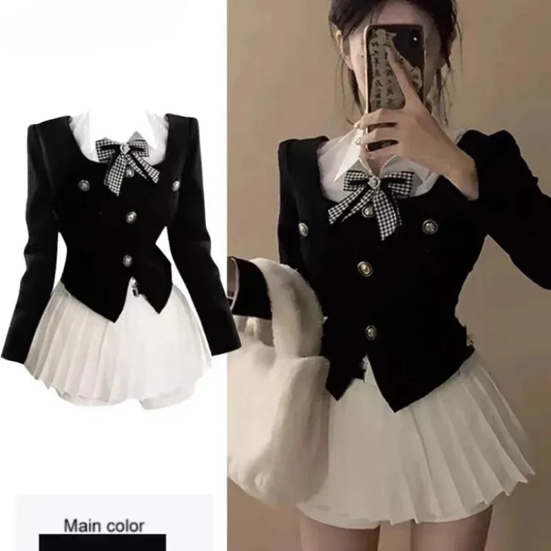 Korean Temperament Fake Two-piece Polo Neck Coat Pleated Skirt Two-piece Set Women Fashion Bow College Sweet Patchwork Slim Suit