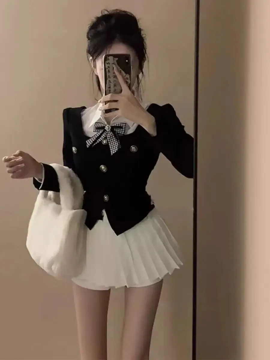 Korean Temperament Fake Two-piece Polo Neck Coat Pleated Skirt Two-piece Set Women Fashion Bow College Sweet Patchwork Slim Suit