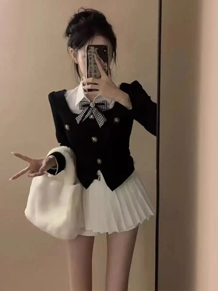 Korean Temperament Fake Two-piece Polo Neck Coat Pleated Skirt Two-piece Set Women Fashion Bow College Sweet Patchwork Slim Suit