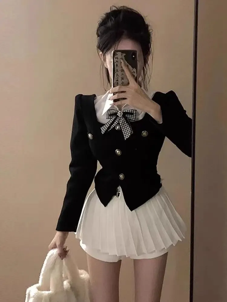 Korean Temperament Fake Two-piece Polo Neck Coat Pleated Skirt Two-piece Set Women Fashion Bow College Sweet Patchwork Slim Suit