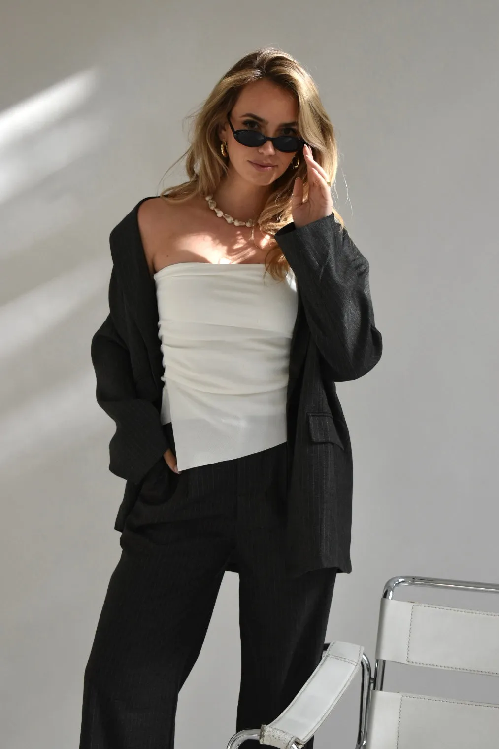 Krijtstreep oversized blazer - Grijs