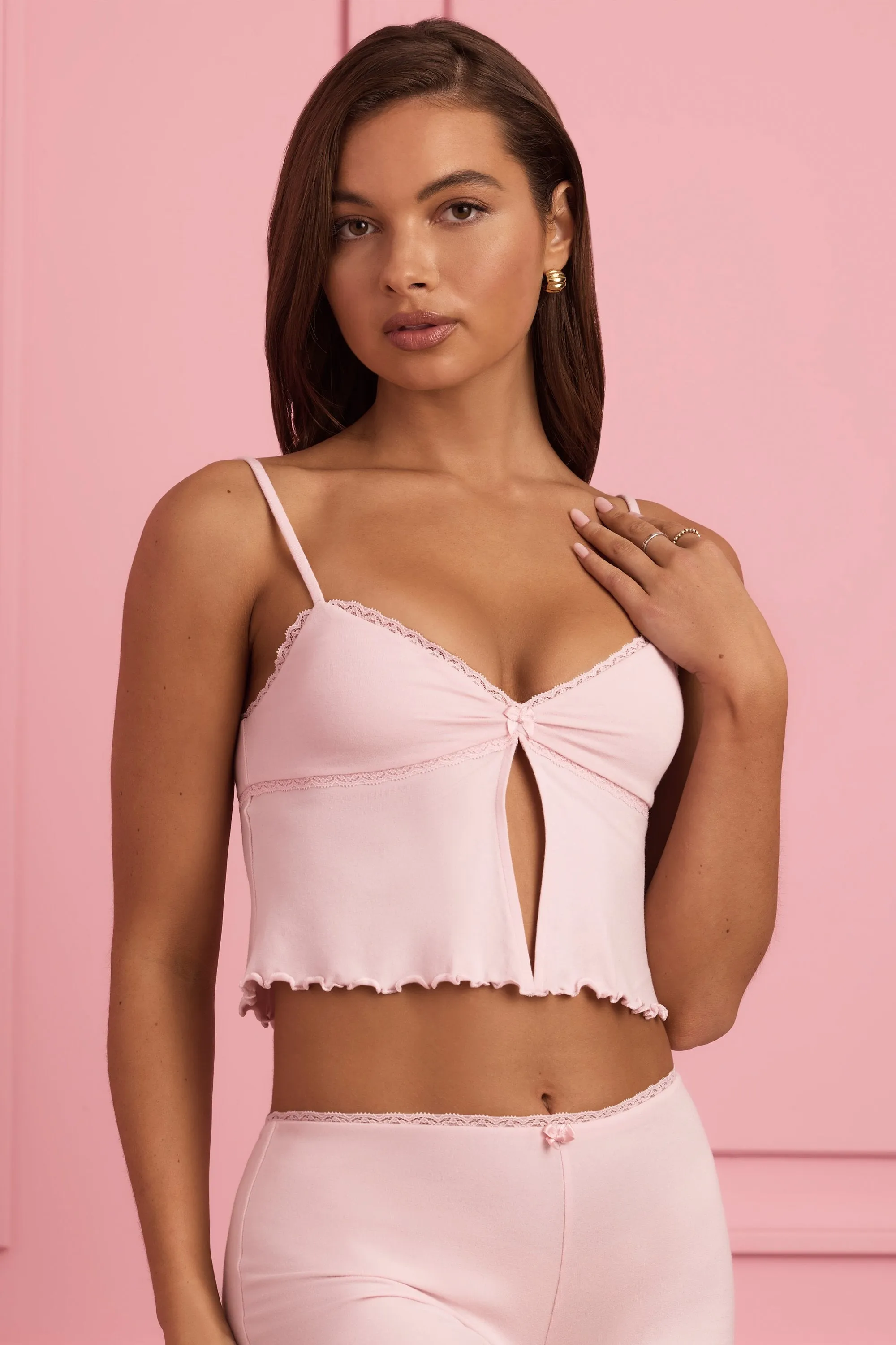 Lace-Trim Babydoll Pyjama Top in Baby Pink