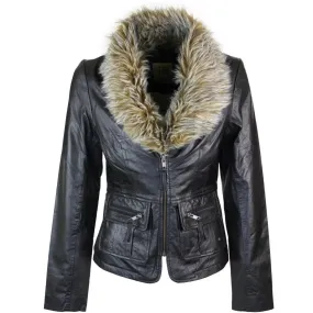 Ladies Real New Vintage Short Black Leather Jacket Coat Faux Fur Collar