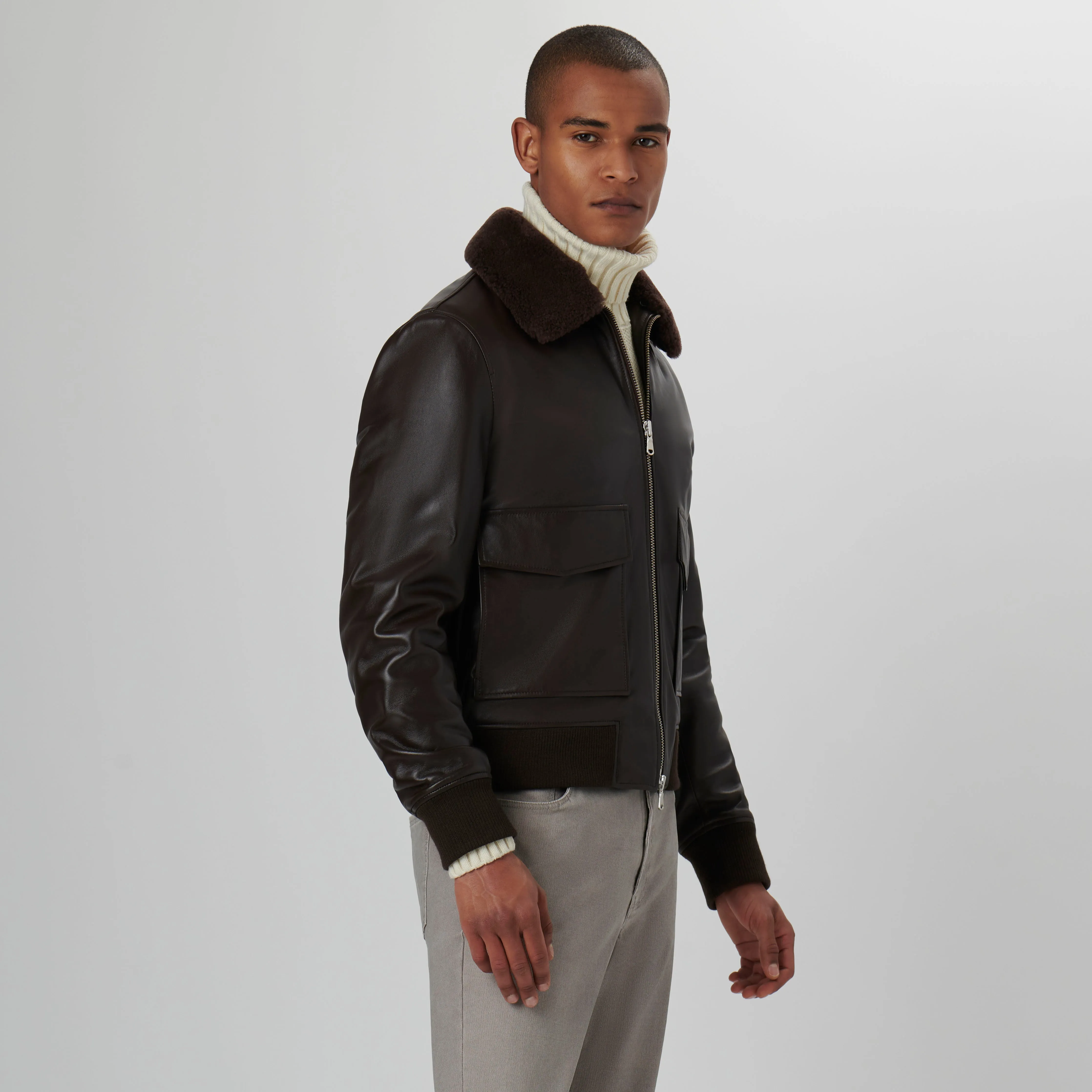 Leather Bomber Jacket with Removable Shearling Collar