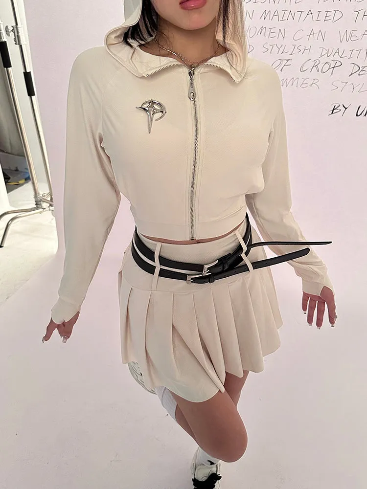 Lena Solid Solid Long Sleeve Zip Up Cropped Hoodie   Double Belt Strap Pleated Mini Skirt Matching Set