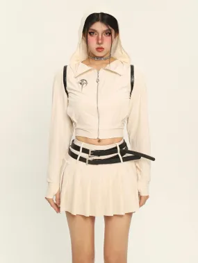 Lena Solid Solid Long Sleeve Zip Up Cropped Hoodie   Double Belt Strap Pleated Mini Skirt Matching Set