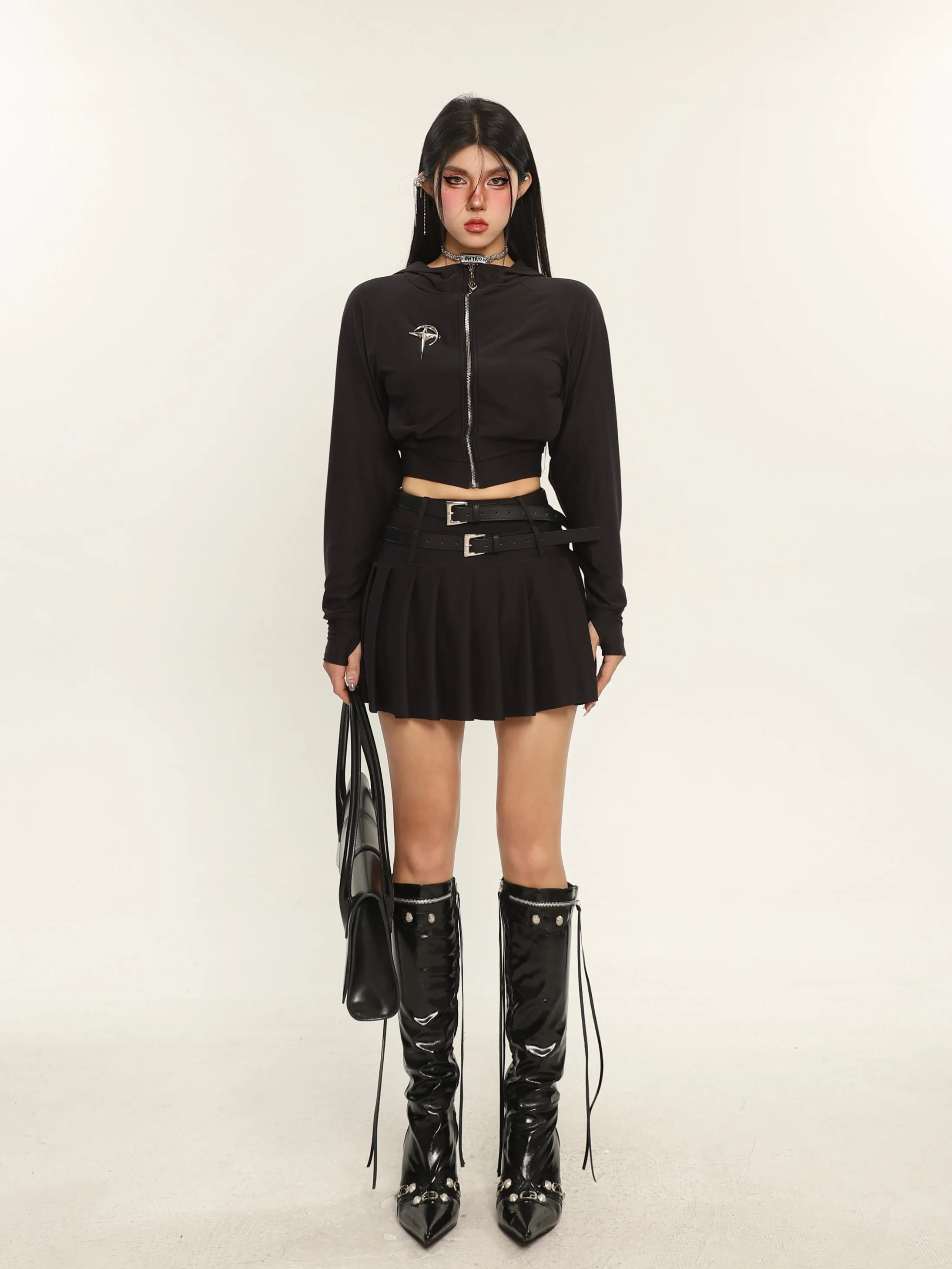 Lena Solid Solid Long Sleeve Zip Up Cropped Hoodie   Double Belt Strap Pleated Mini Skirt Matching Set