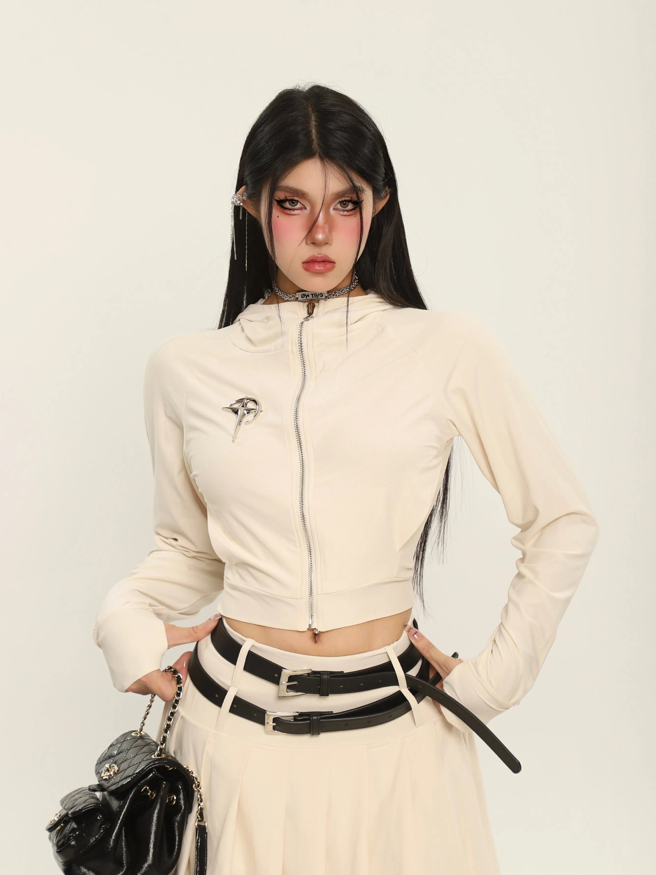 Lena Solid Solid Long Sleeve Zip Up Cropped Hoodie   Double Belt Strap Pleated Mini Skirt Matching Set