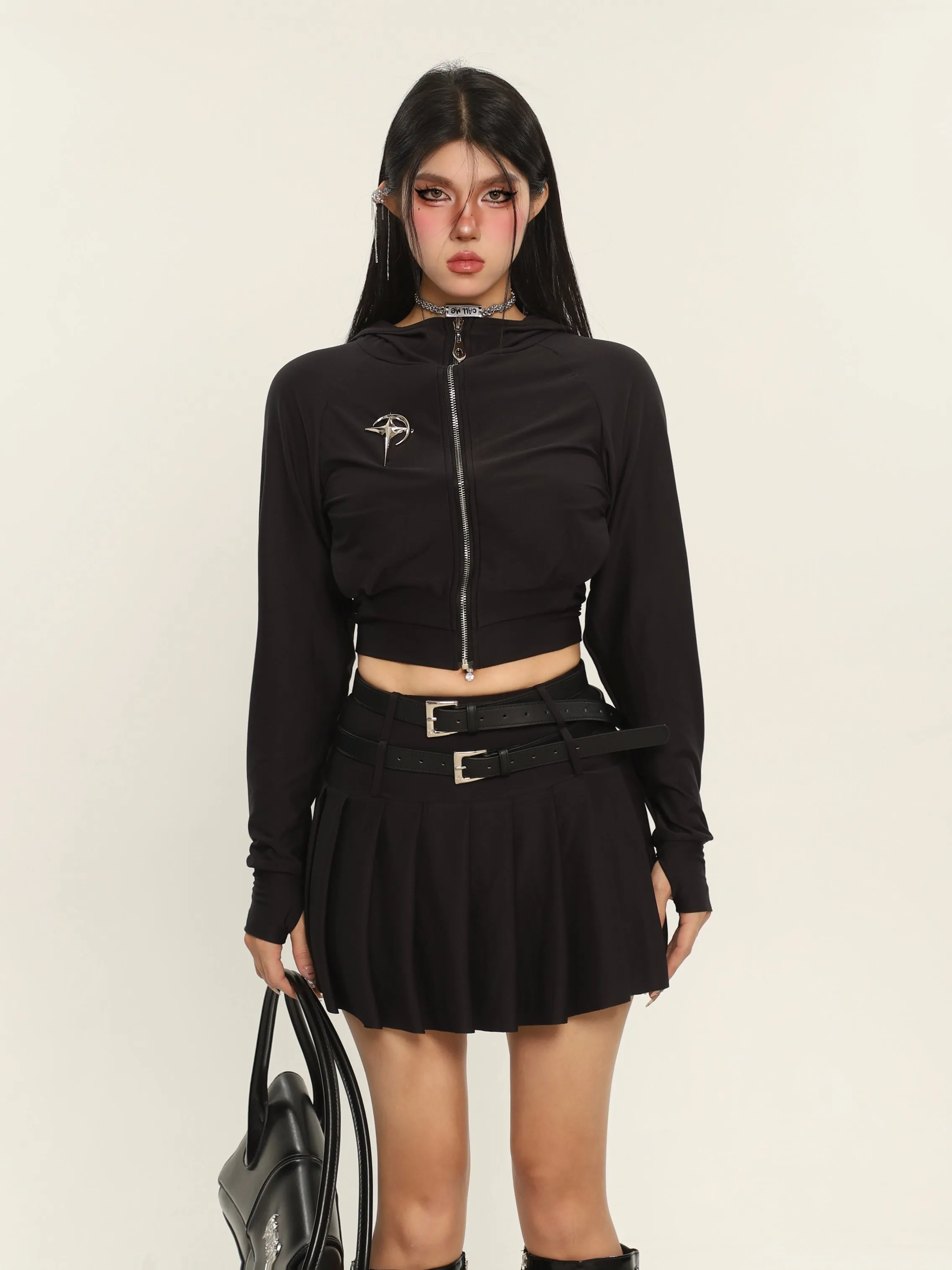 Lena Solid Solid Long Sleeve Zip Up Cropped Hoodie   Double Belt Strap Pleated Mini Skirt Matching Set