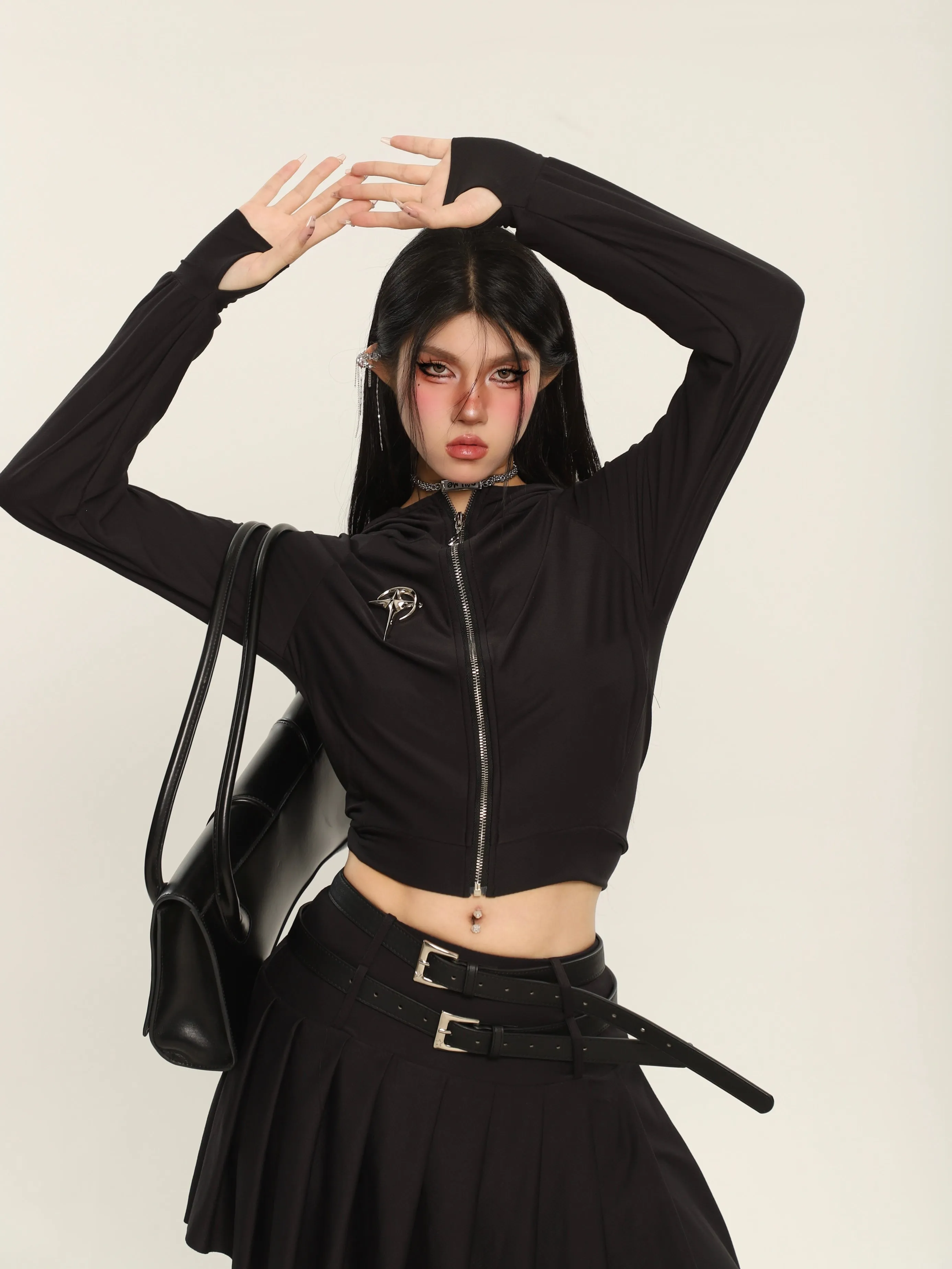 Lena Solid Solid Long Sleeve Zip Up Cropped Hoodie   Double Belt Strap Pleated Mini Skirt Matching Set