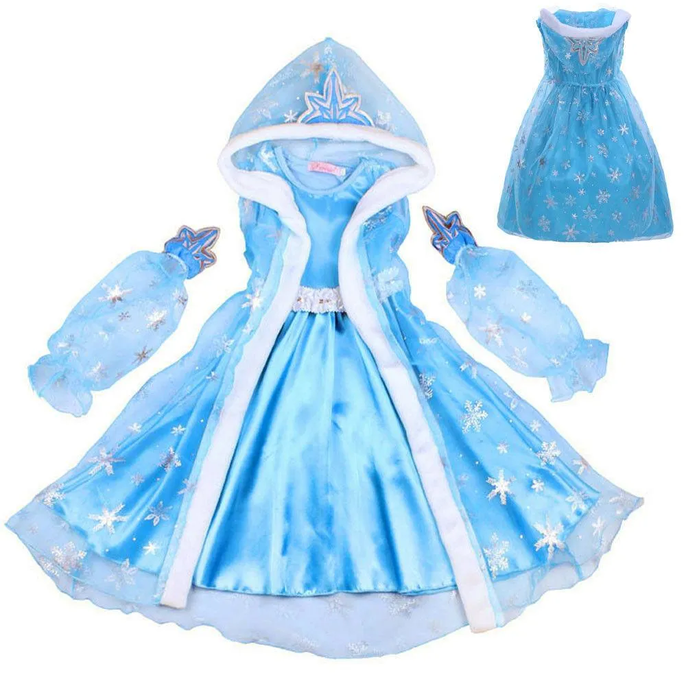 Little Girl Clothing Elsa Dress Hooded Shawl Princess Dress Birthday Dress Halloween Cosplay Dress For Kids Girls