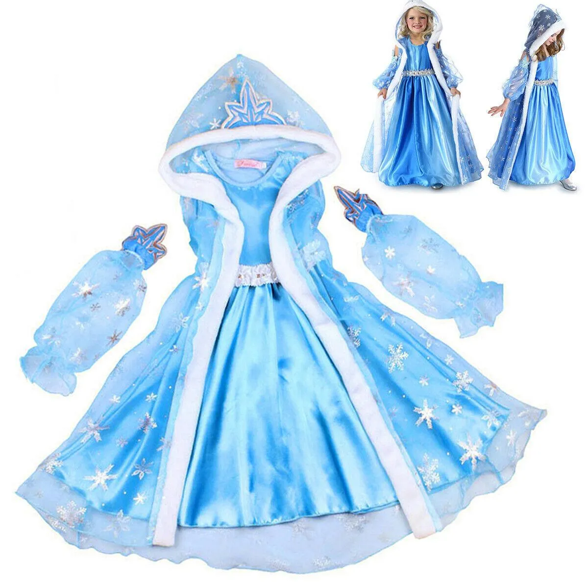 Little Girl Clothing Elsa Dress Hooded Shawl Princess Dress Birthday Dress Halloween Cosplay Dress For Kids Girls