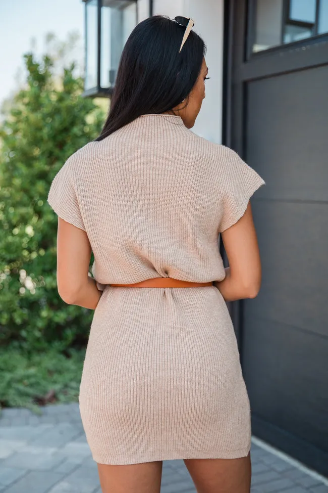 Living The Dream Beige Cap Sleeve Mock Neck Sweater Dress